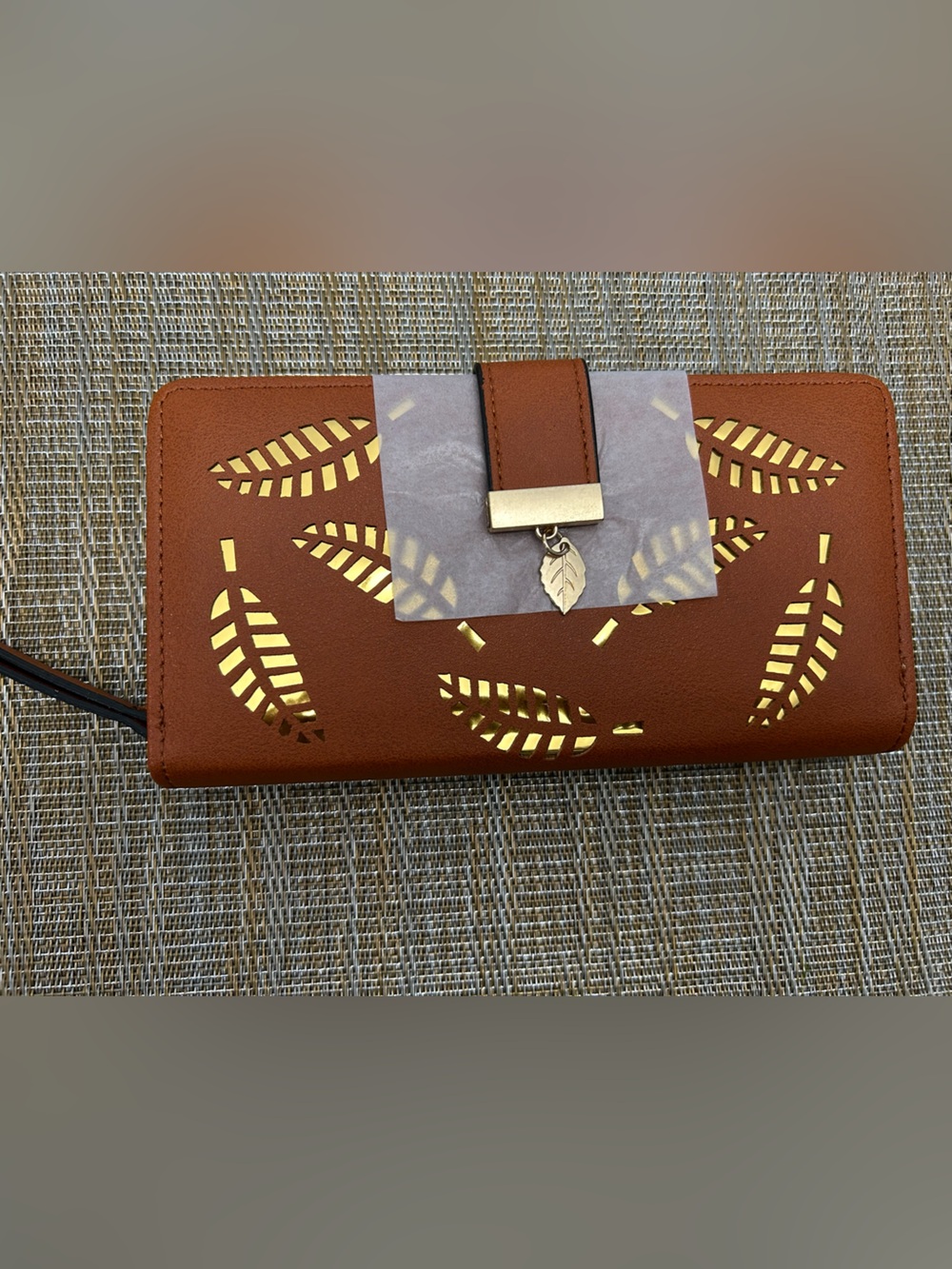 Brown Leaf Cutout Wallet with Gold Accent